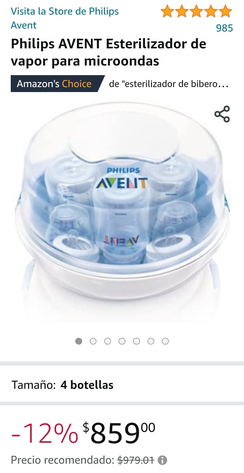 Philips AVENT Esterilizador de Vapor de Microondas de Botella Biberones de  Bebé
