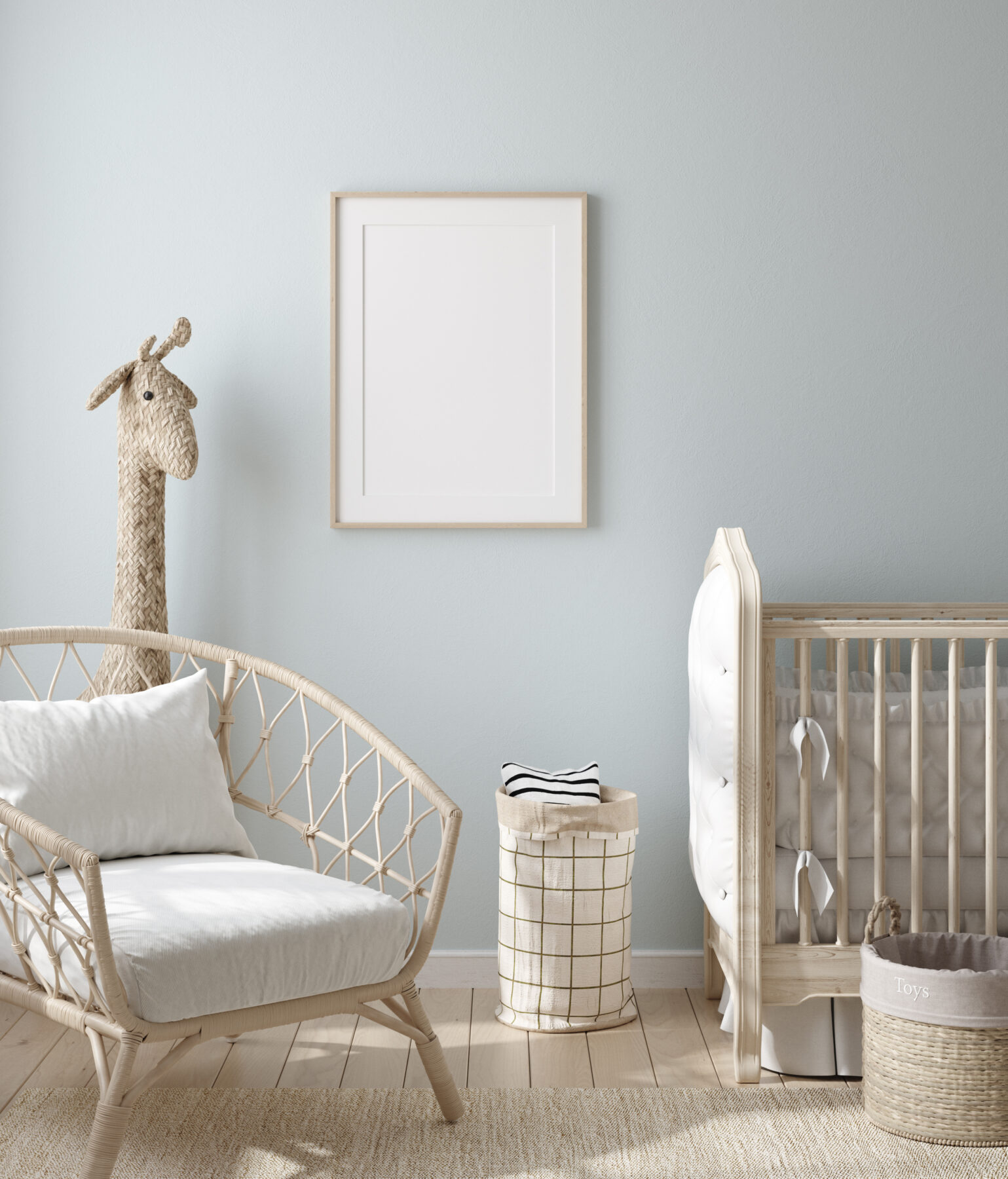 Mock,Up,Frame,In,Boy,Nursery,With,Natural,Wooden,Furniture,